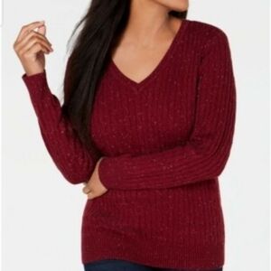 KAREN SCOTT | Maroon Fitted Speckled V-Neck Cotton Blend Cable Knit Sweater | S